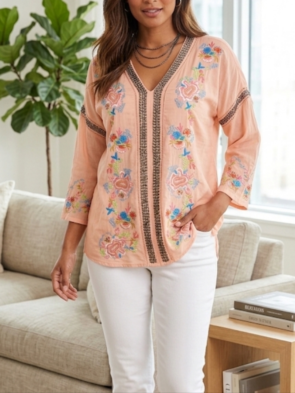 Soft Surroundings  Embroidered Pink Floral Women's Top